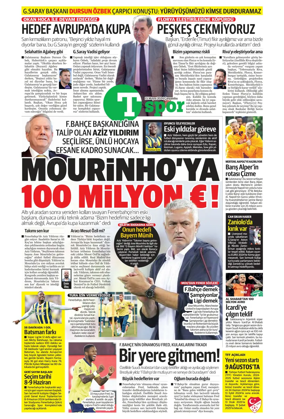 "Mourinho'ya 100 milyon euro" | Sporun manşetleri (15 Mayıs 2024) - 23