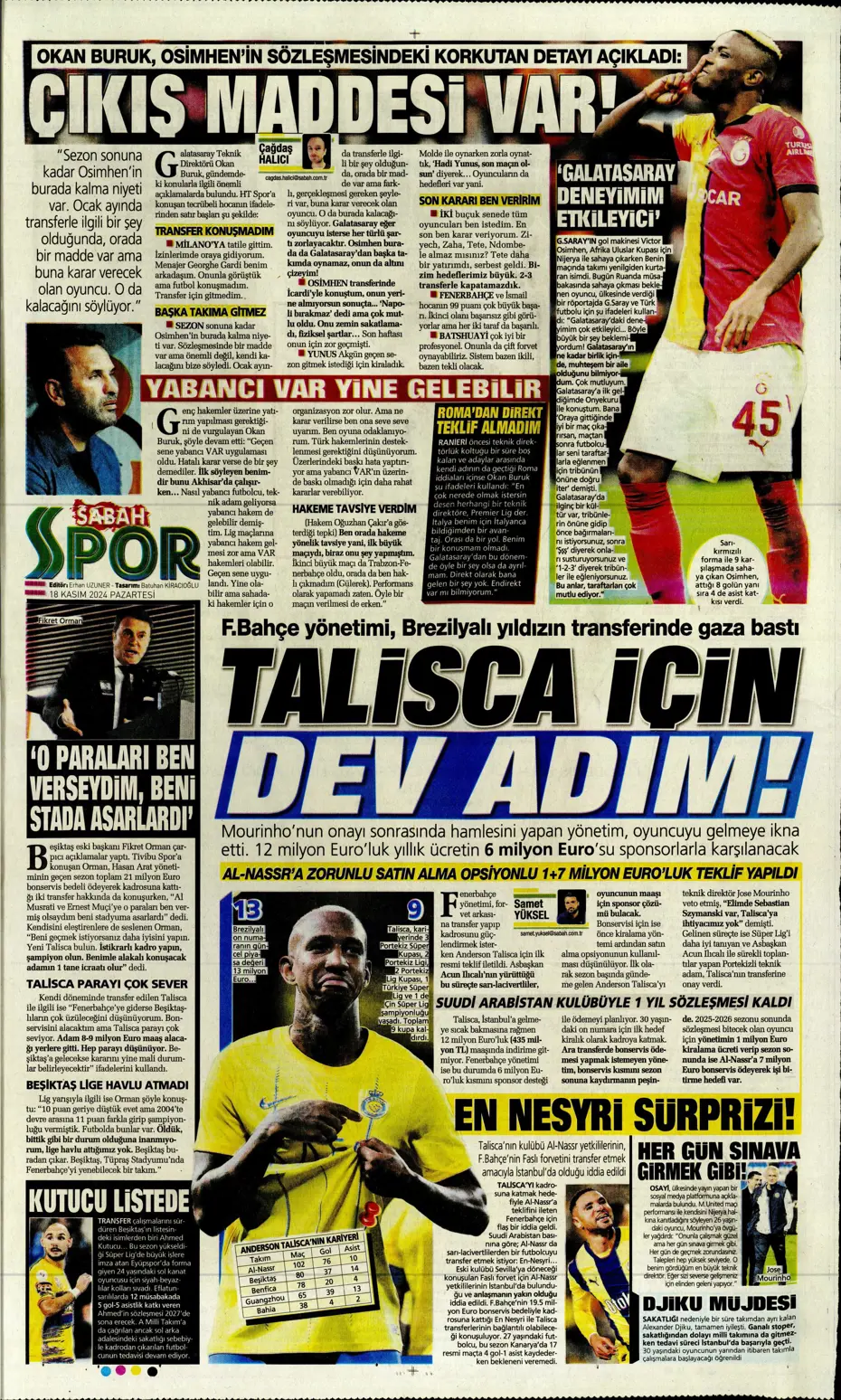 "Talisca olmazsa B planında 2 yıldız var" | Sporun manşetleri - 27
