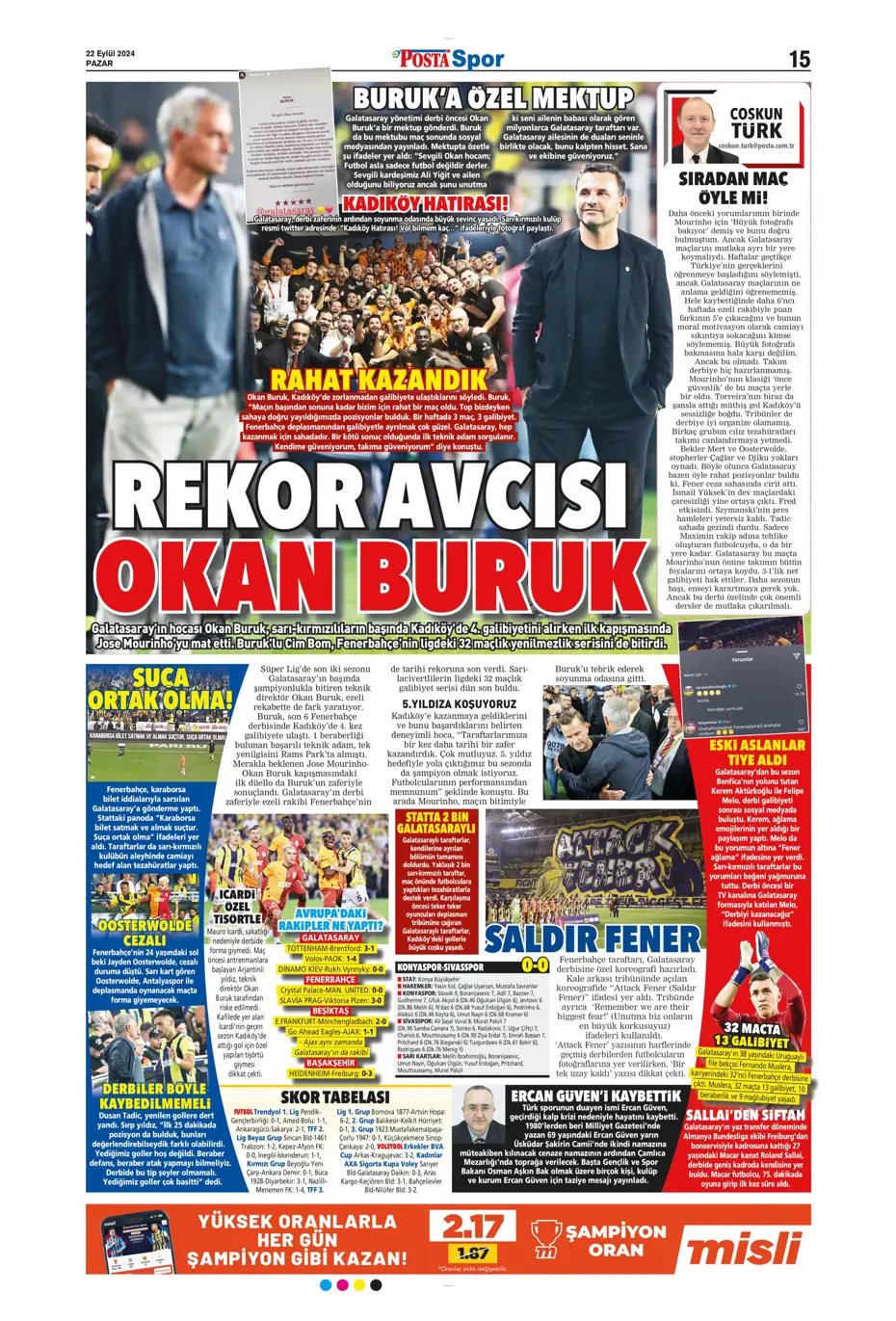 "Şampiyon Kadıköy'ü selamladı!" | Sporun manşetleri (22 Eylül 2024) - 35