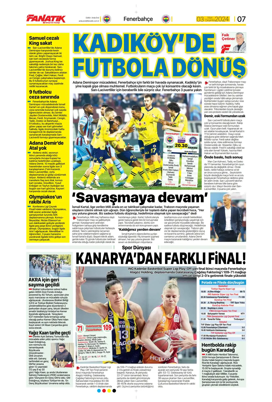 "Lige devam, kupa askıda" | Sporun manşetleri (3 Nisan 2024) - 26