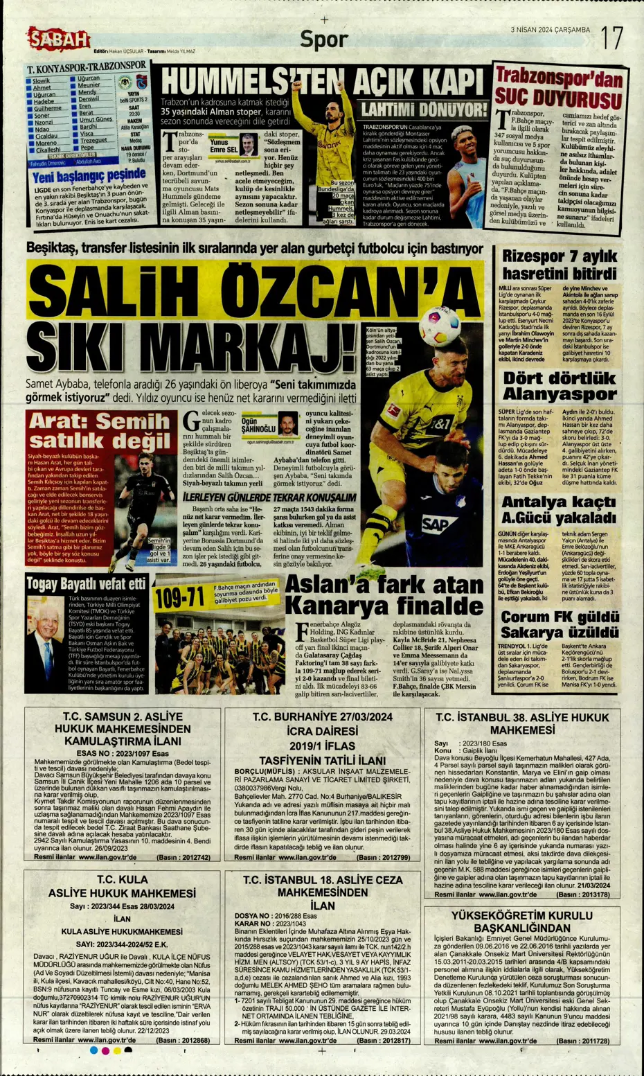 "Lige devam, kupa askıda" | Sporun manşetleri (3 Nisan 2024) - 6