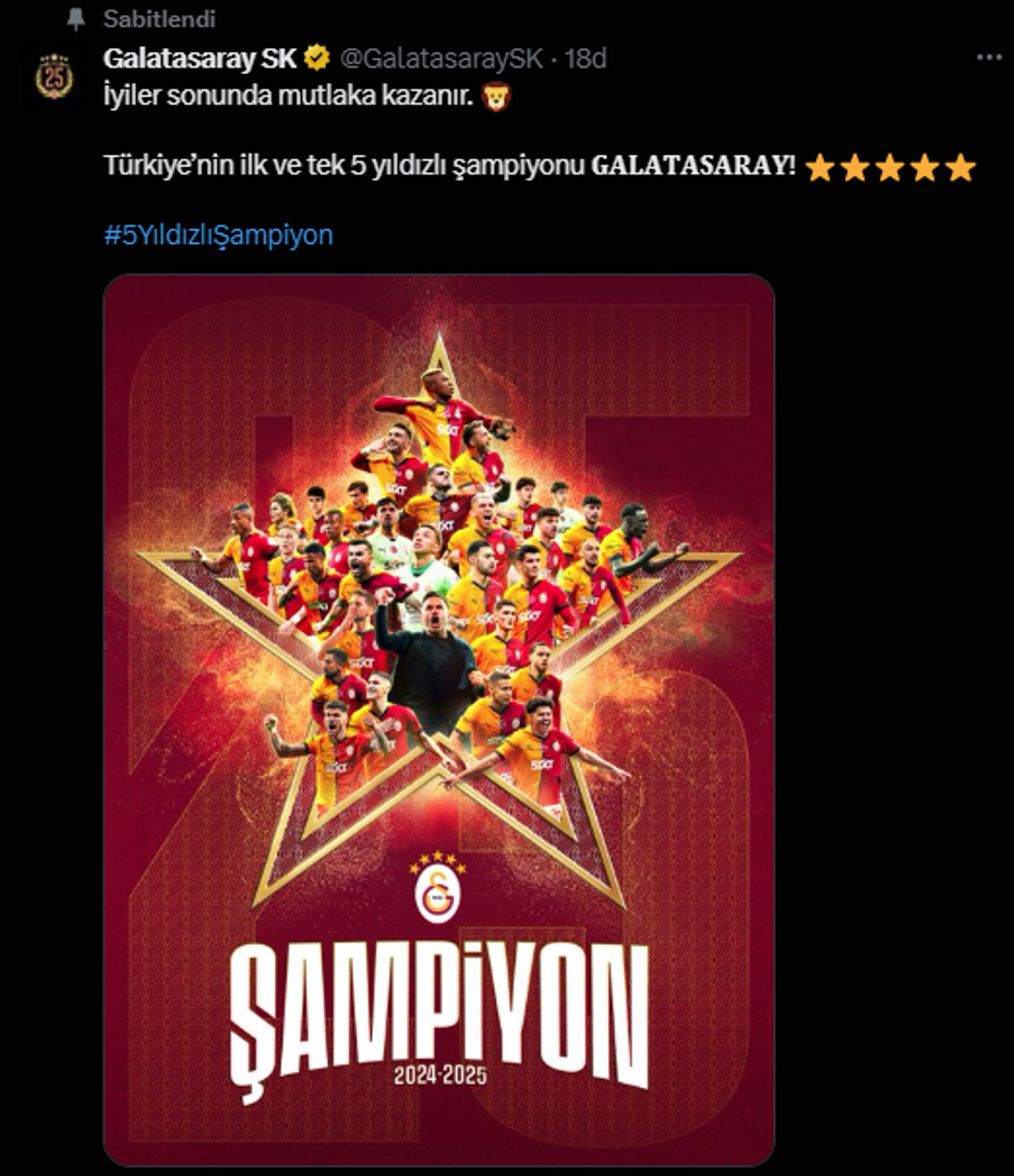 Galatasaray'dan şampiyonluk sonrası peş peşe paylaşımlar: Fenerbahçe ve Beşiktaş'a gönderme - 5 Galatasaray'dan şampiyonluk sonrası peş peşe paylaşımlar: Fenerbahçe ve Beşiktaş'a gönderme - 5