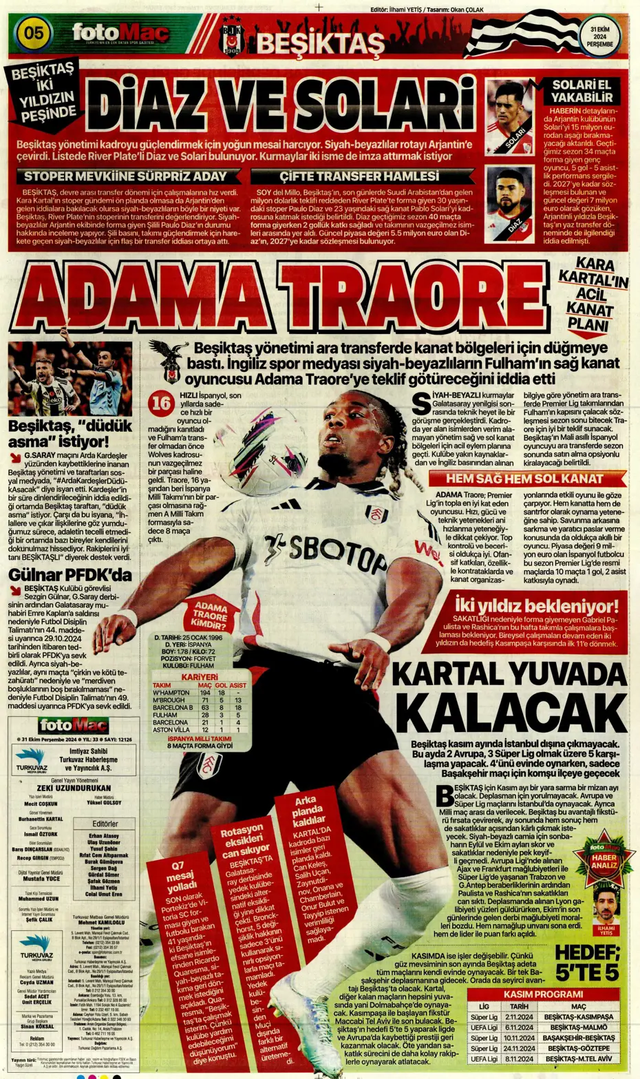 "Aslan'da Rosier harekatı" | Sporun manşetleri (31 Ekim 2024) - 14