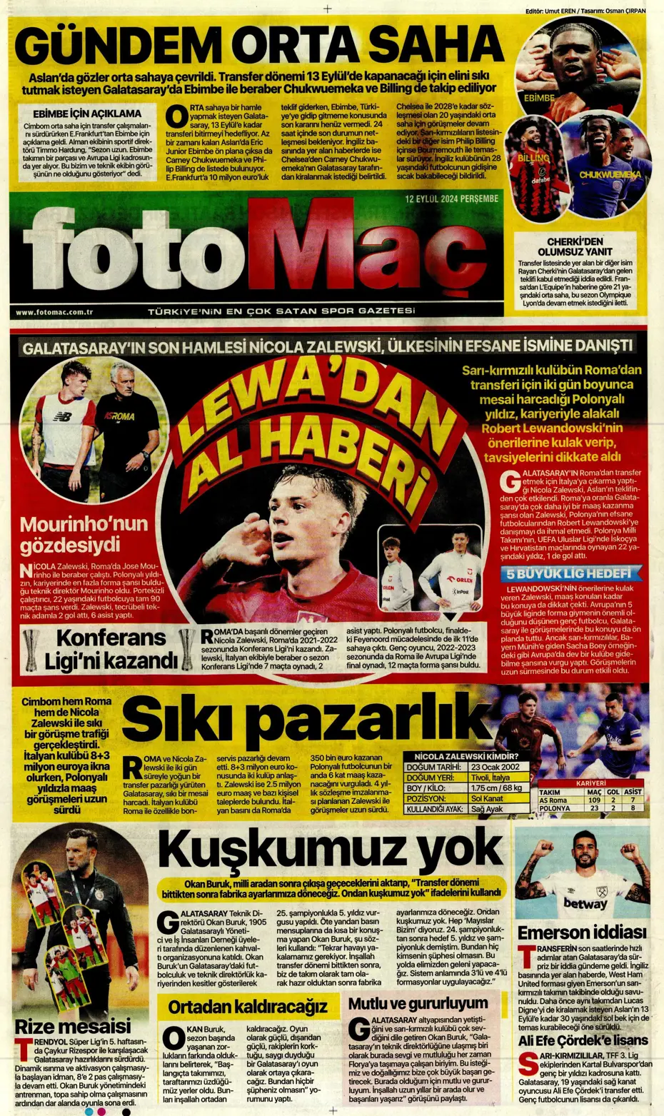 "12 milyon Euro'ya Cim Bom'da" | Sporun manşetleri (12 Eylül 2024) - 16
