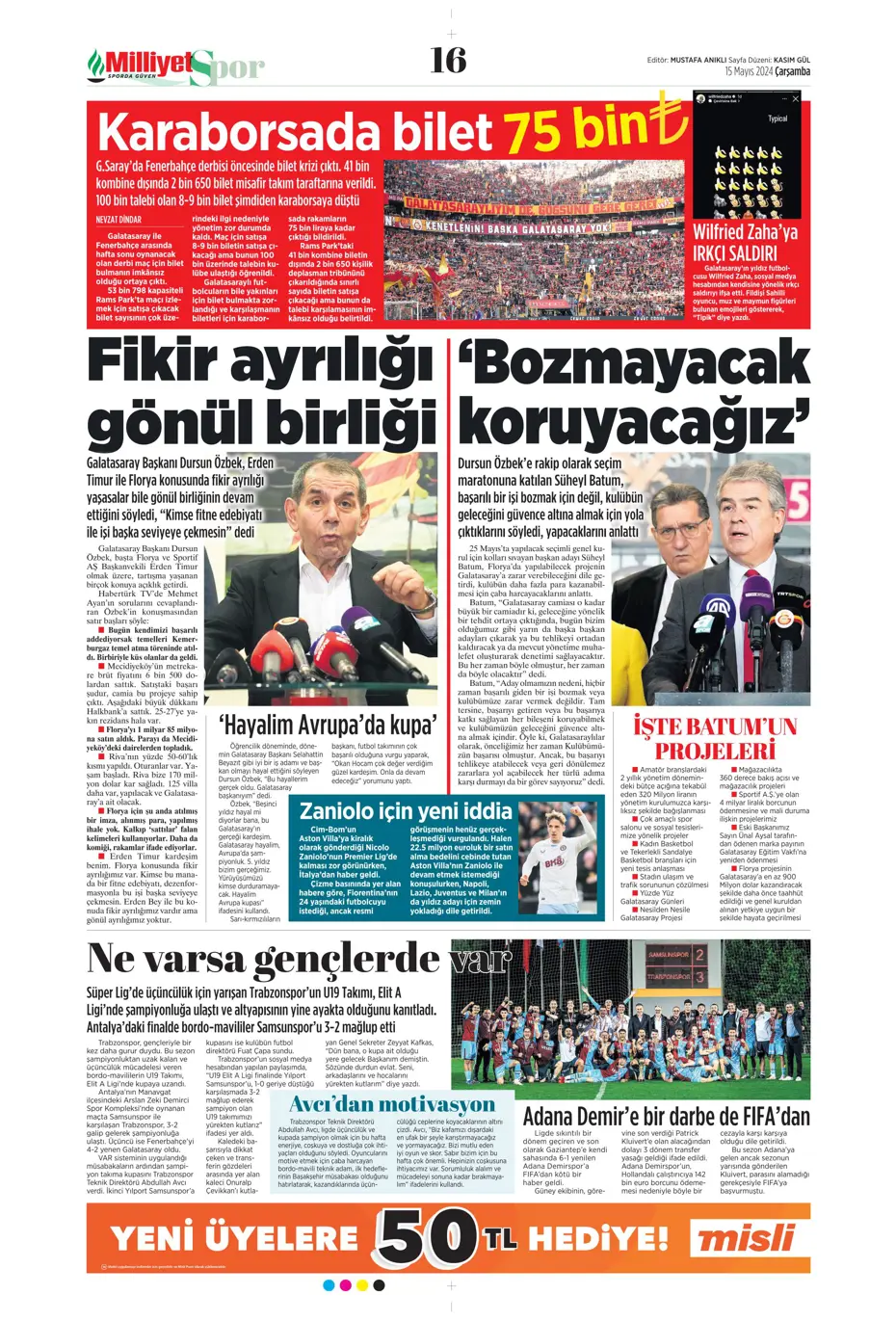 "Mourinho'ya 100 milyon euro" | Sporun manşetleri (15 Mayıs 2024) - 13