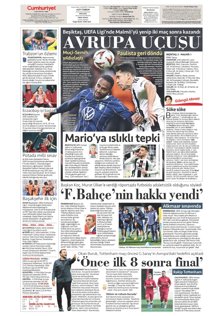 "Fenerbahçe'den Boca Juniors'a rest" | Sporun manşetleri (7 Kasım 2024) - 5