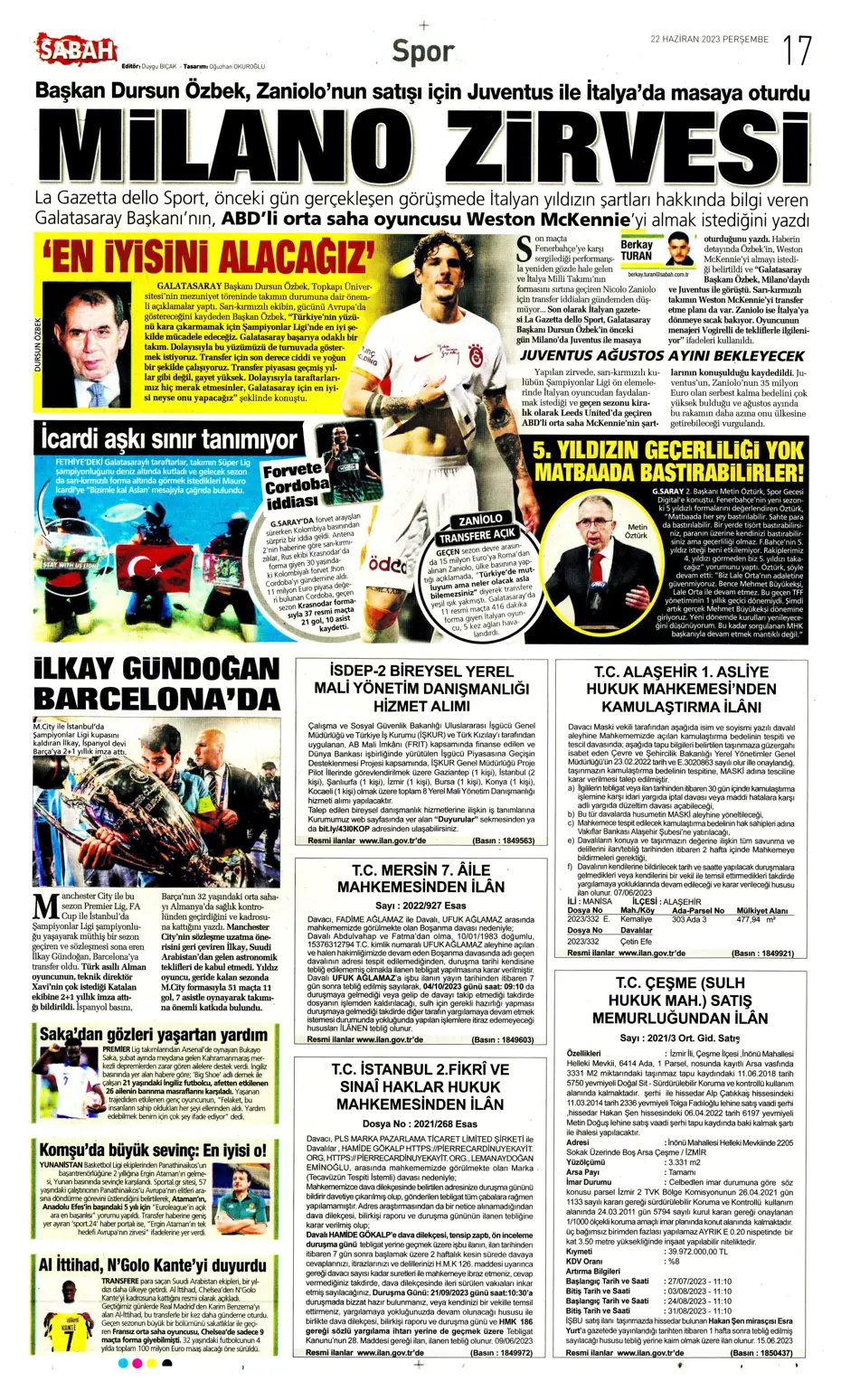 "Aslan'a süper golcü" | Sporun manşetleri (22 Haziran 2023) - 16