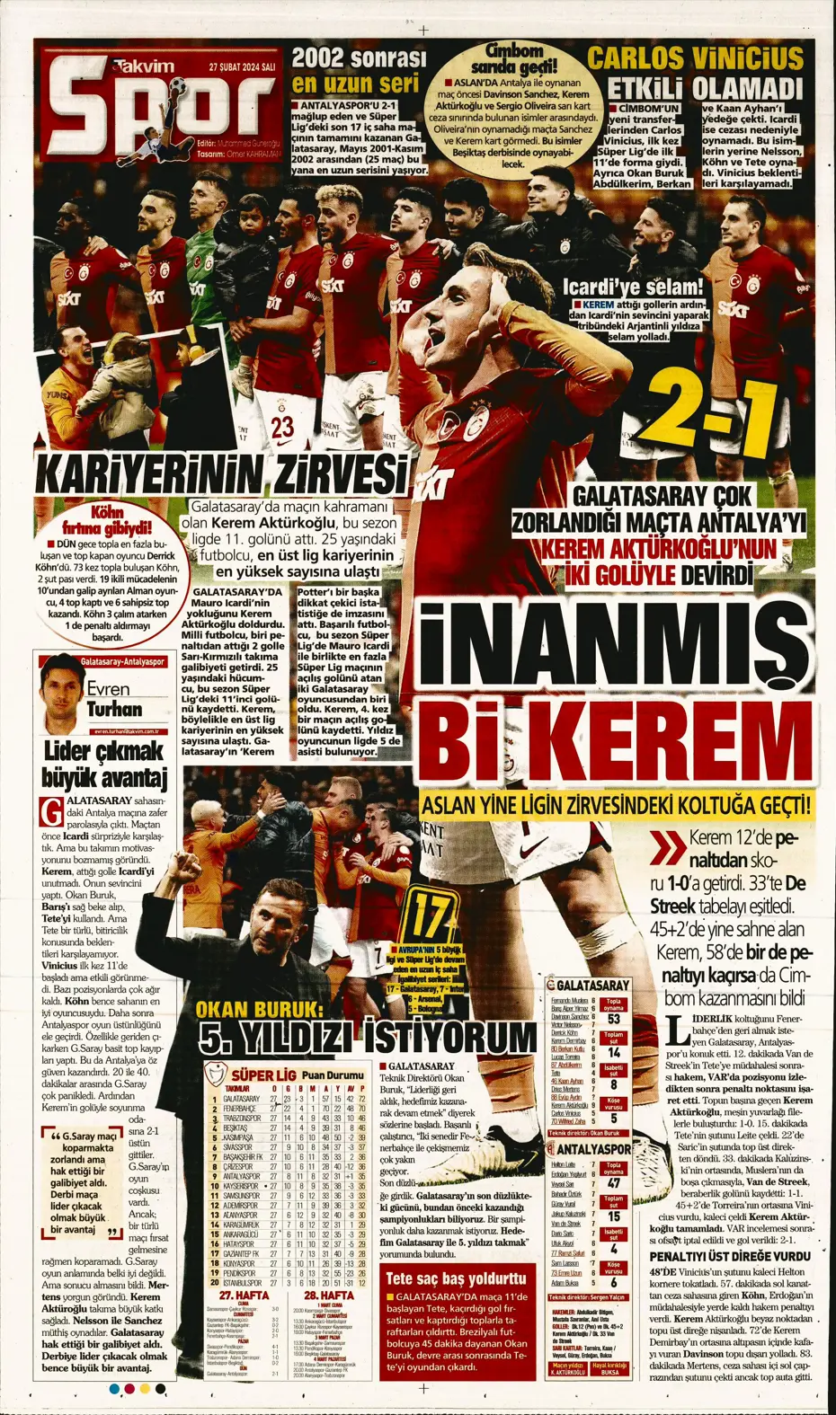 "Icardi'ye selam, zirvede devam" | Sporun manşetleri (27 Şubat 2024) - 34