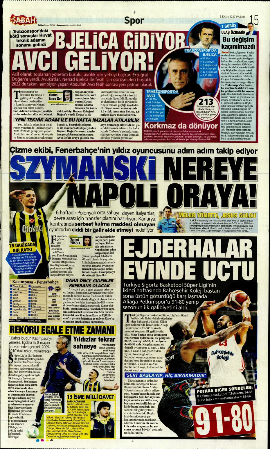 "Bjelica gidiyor, Avcı geliyor" | Sporun manşetleri (8 Ekim 2023) - 34