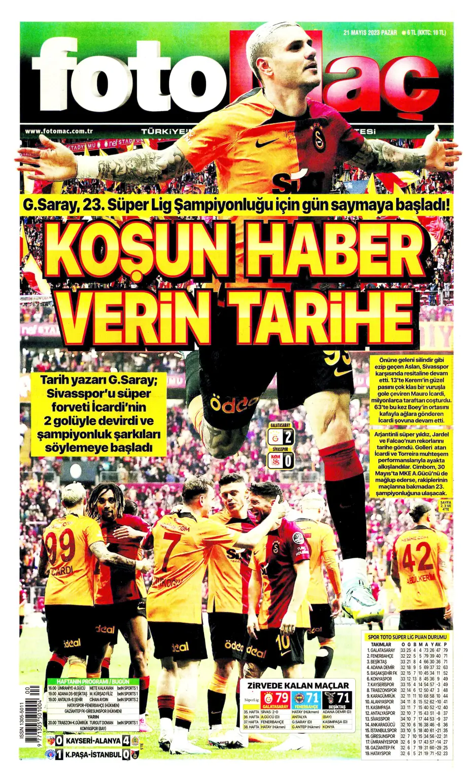 "Mauro Icardi ile 23. şampiyonluğa" Günün spor manşetleri (21 Mayıs 2023) - 7 "Mauro Icardi ile 23. şampiyonluğa" Günün spor manşetleri (21 Mayıs 2023) - 7