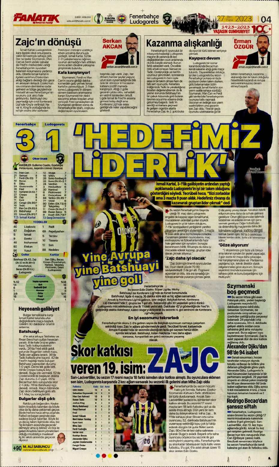 "Yüzyılın Fener'i" | Sporun manşetleri (27 Ekim 2023) - 6
