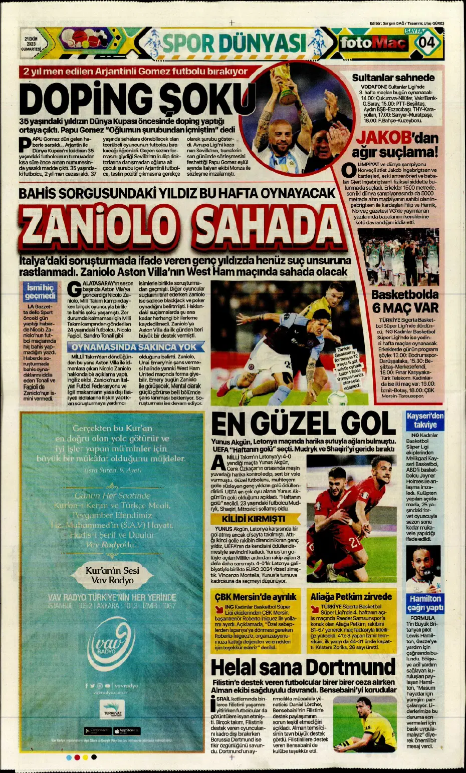 "Ateş gibi derbi" | Sporun manşetleri (21 Ekim 2023) - 7