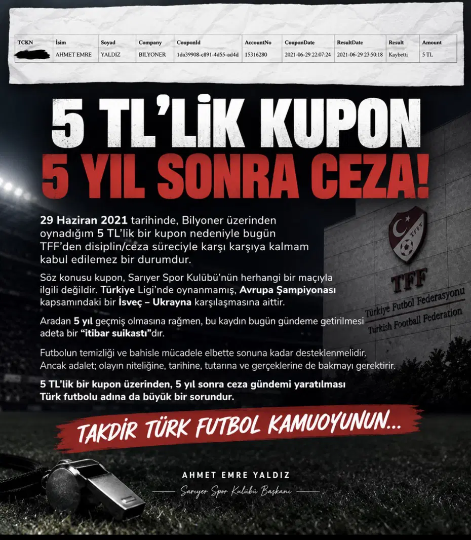 Bahisten PFDK'ya sevk edilen başkan, oynadığı kuponu bile paylaştı: "İtibar suikastı" - 3 Bahisten PFDK'ya sevk edilen başkan, oynadığı kuponu bile paylaştı: "İtibar suikastı" - 3