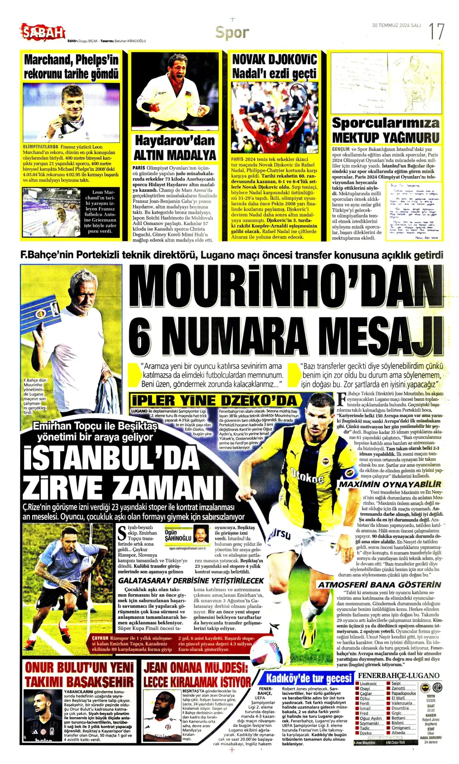 "Mourinho ateşi yaktı" | Sporun manşetleri (30 Temmuz 2024) - 30