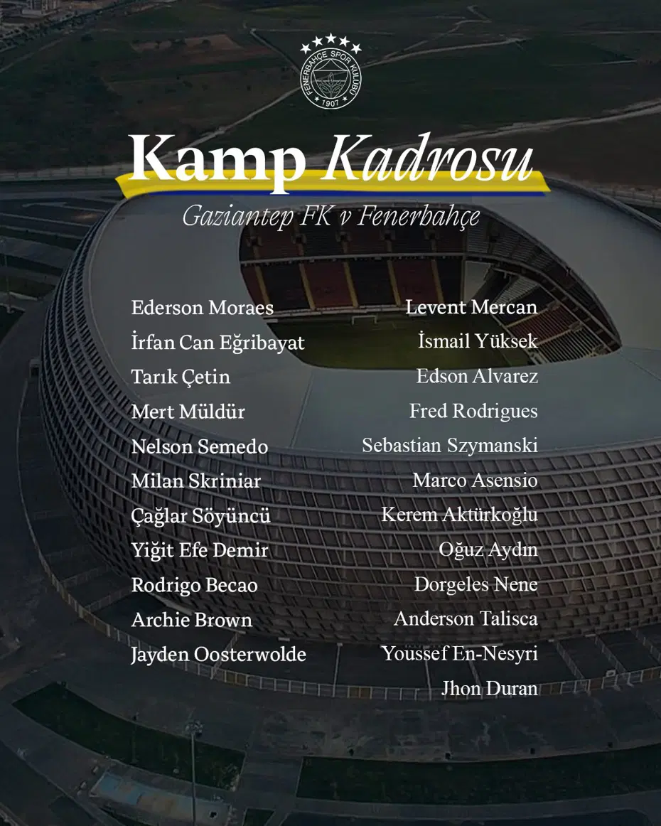 Fenerbahçe'nin Gaziantep FK maçı kadrosu açıklandı: 2 eksik var - 3 Fenerbahçe'nin Gaziantep FK maçı kadrosu açıklandı: 2 eksik var - 3