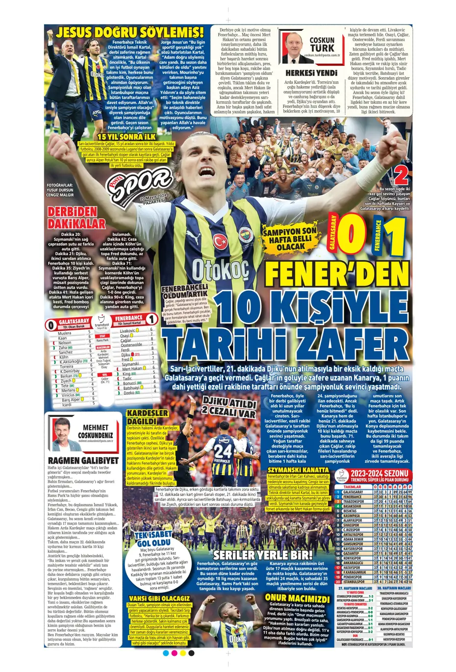"F.Bahçe G.Saray'a bayramı zehir etti" | Sporun manşetleri (20 Mayıs 2024) - 17