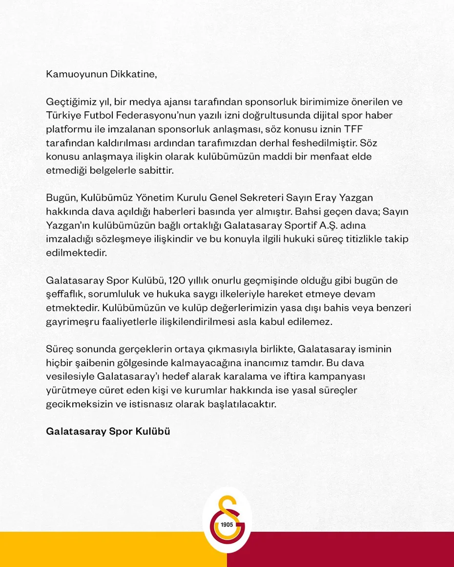 SON DAKİKA | Galatasaray'dan yasa dışı bahis reklamı sürecine dair yeni açıklama - 1